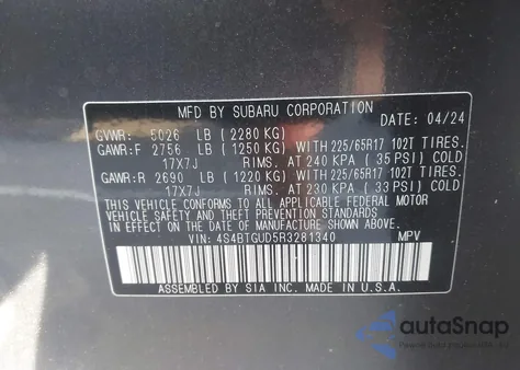 2024 Subaru Outback Wilderness z USA, uszkodzony, nr VIN 4S4BTGUD5R3281340